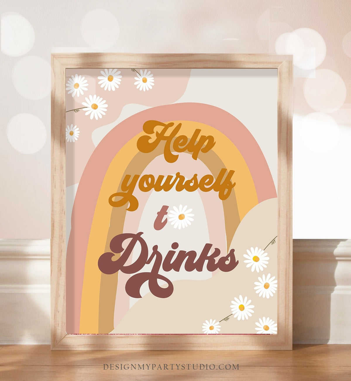 Retro Daisy Birthday Party Sign Groovy Floral 70&#39;s Birthday Party Decor Boho Flower Power Drinks Sign Table Instant Download PRINTABLE 0428