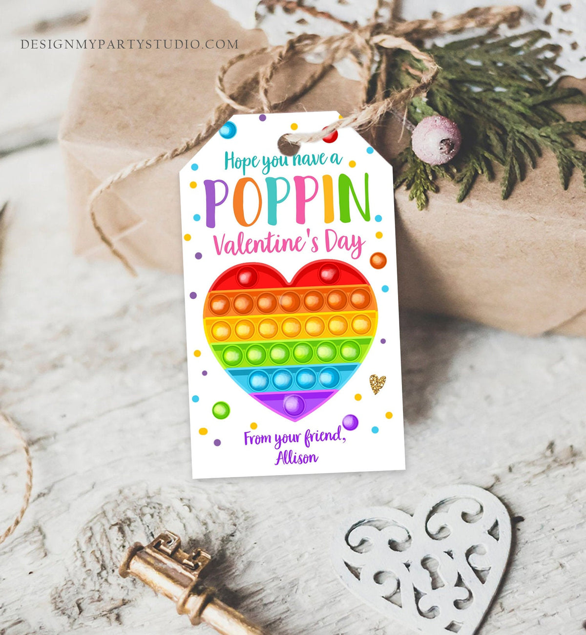 Editable Valentines Pop it gift tags Poppin Valentine's Day Party Favors Tag School Non-Candy Popit Label Rainbow Printable PRINTABLE 0370