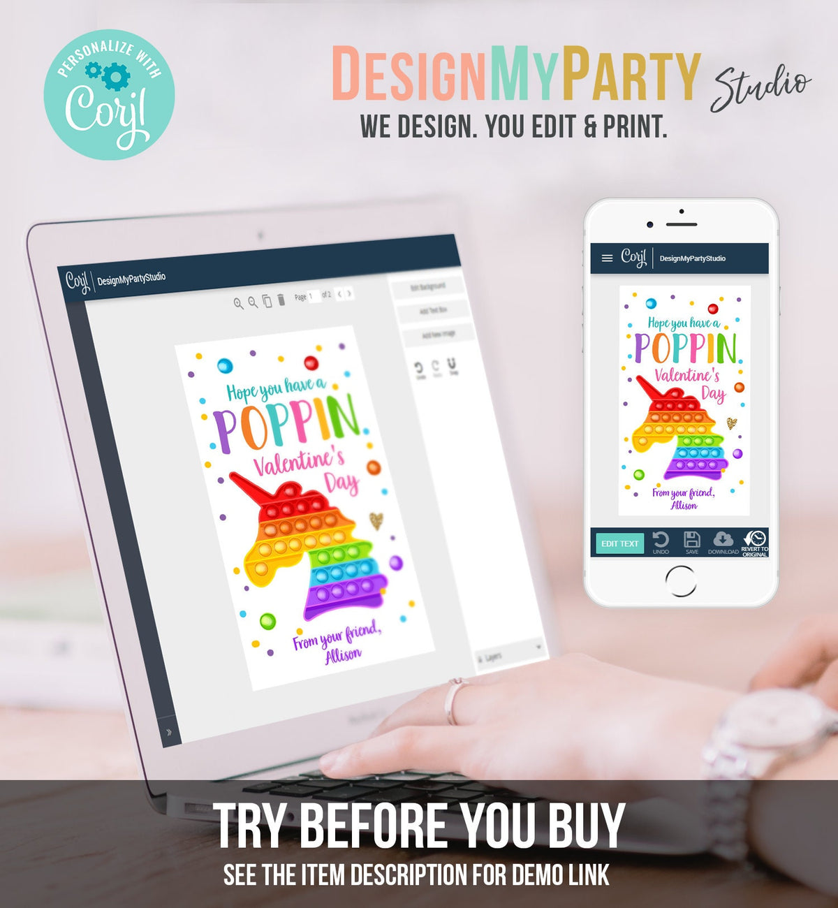 Editable Valentines Pop it gift tags Poppin Valentine's Day Party Favors Tag School Non-Candy Popit Label Rainbow Printable PRINTABLE 0370