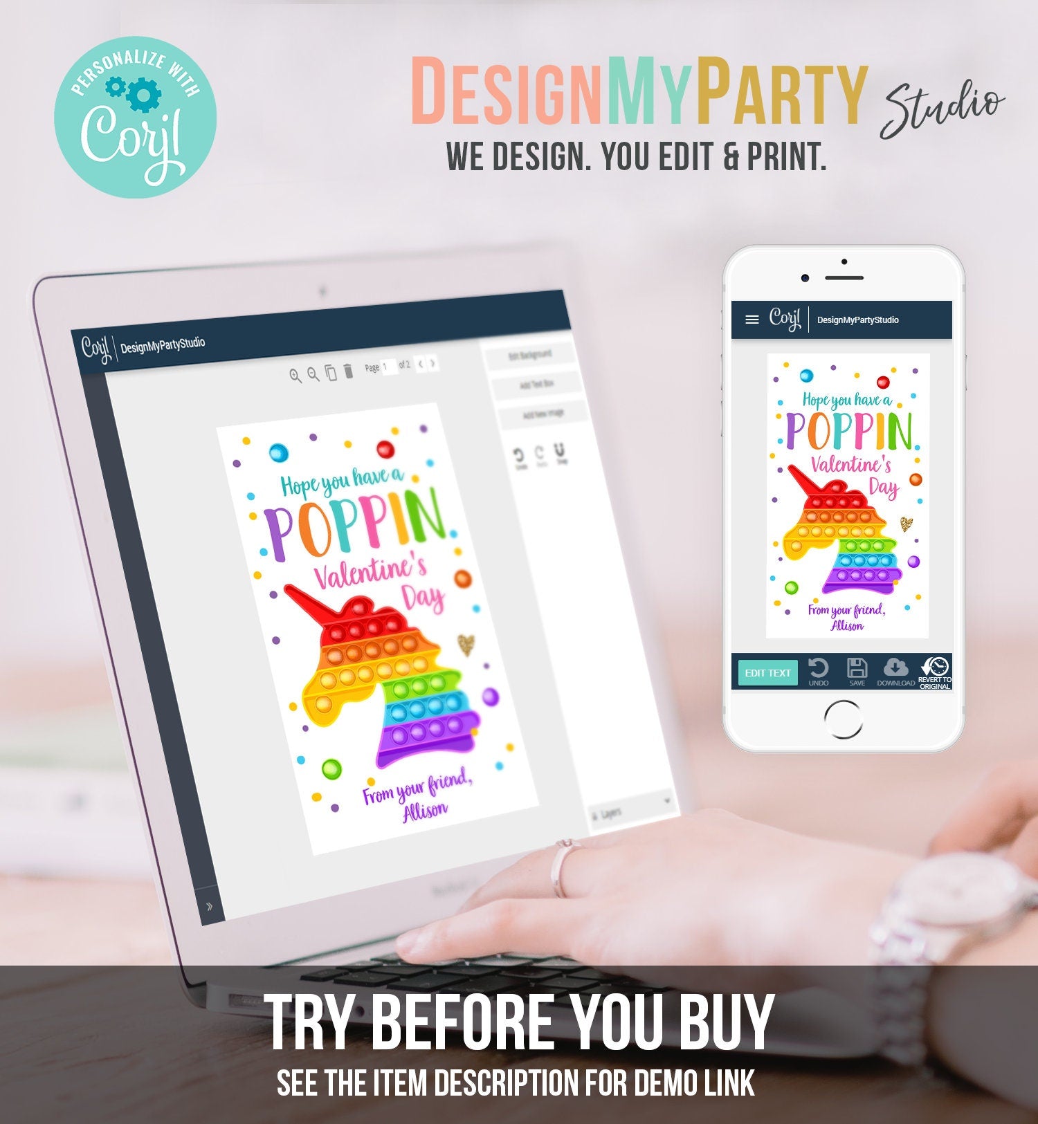Editable Valentines Pop it gift tags Poppin Valentine's Day Party Favors Tag School Non-Candy Popit Label Rainbow Printable PRINTABLE 0370