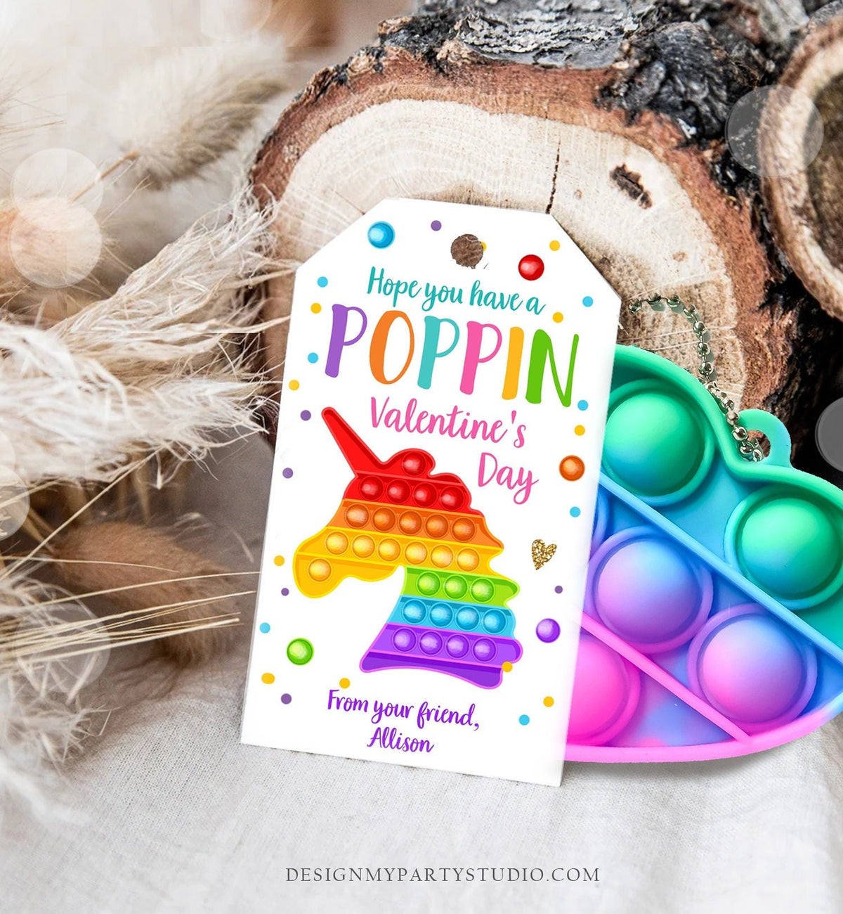 Editable Valentines Pop it gift tags Poppin Valentine's Day Party Favors Tag School Non-Candy Popit Label Rainbow Printable PRINTABLE 0370