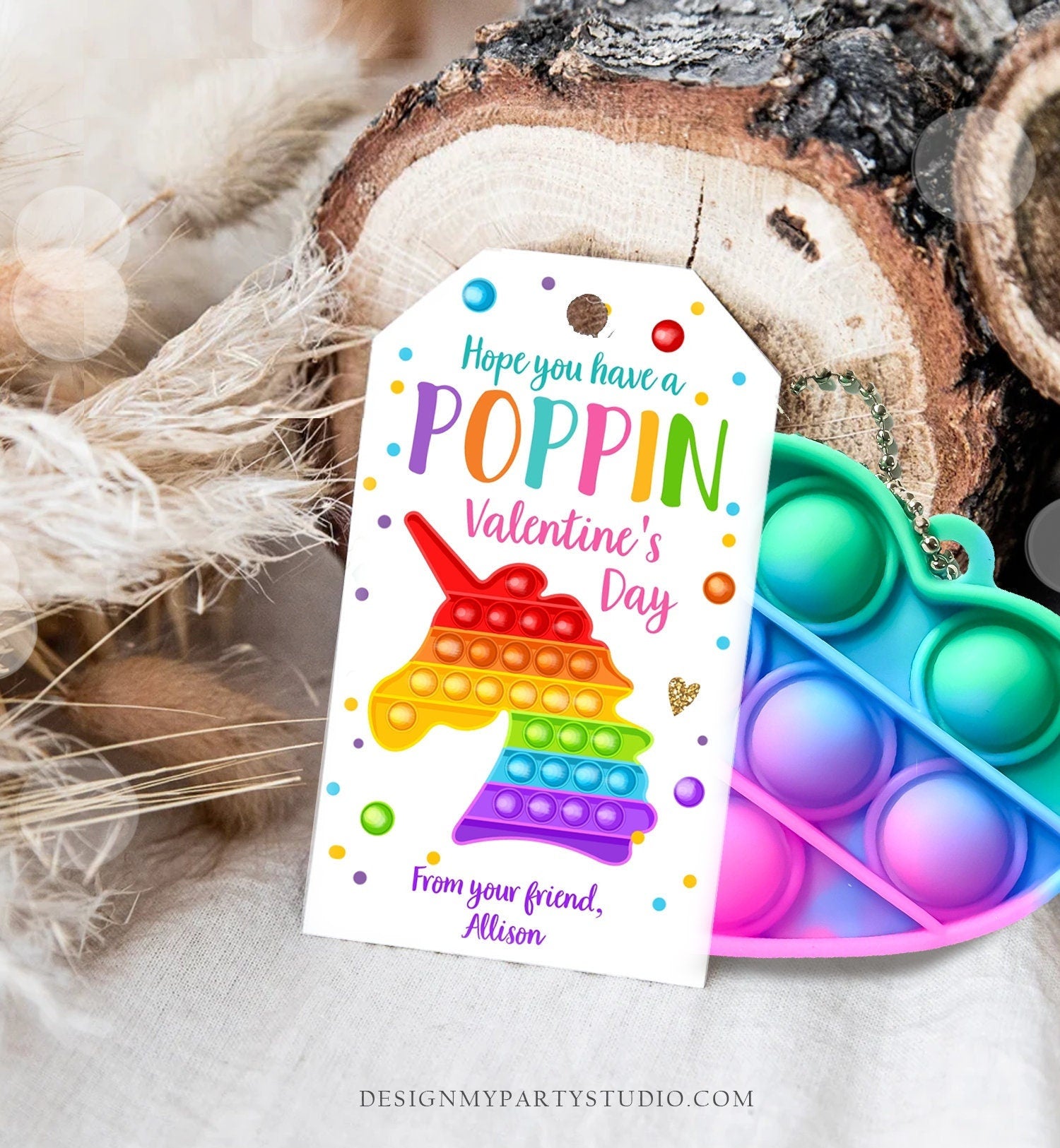 Editable Valentines Pop it gift tags Poppin Valentine's Day Party Favors Tag School Non-Candy Popit Label Rainbow Printable PRINTABLE 0370