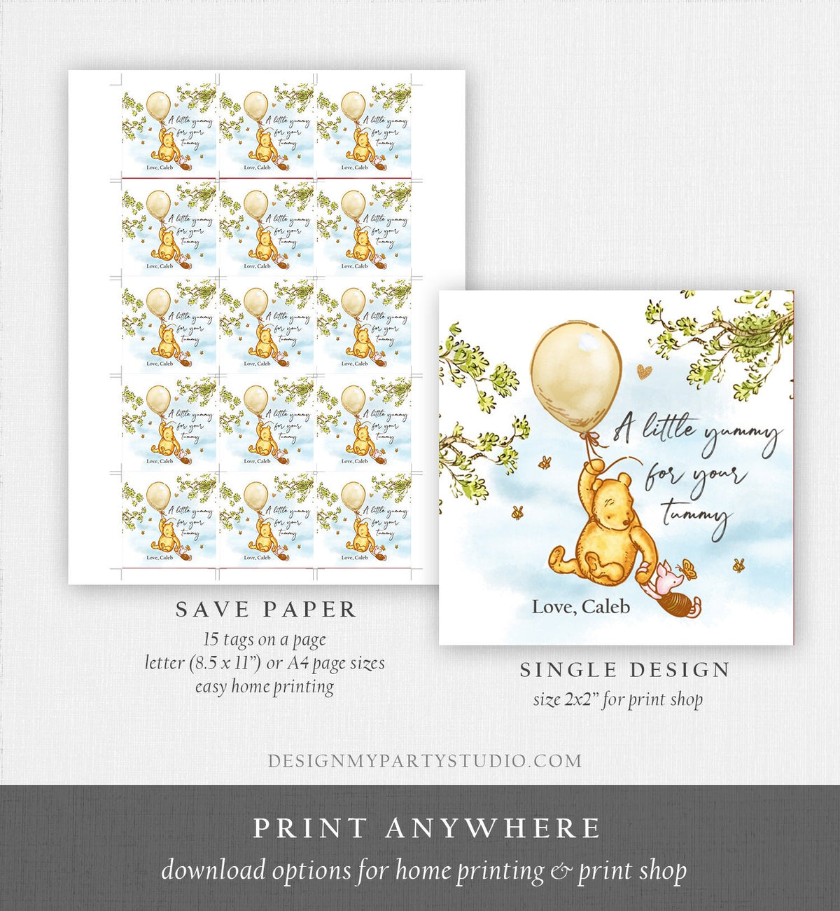 Editable Winnie The Pooh Favor Tags Pooh Baby Shower Thank you Sticker Birthday Yummy for Your Tummy Printable Download Corjl Template 0425