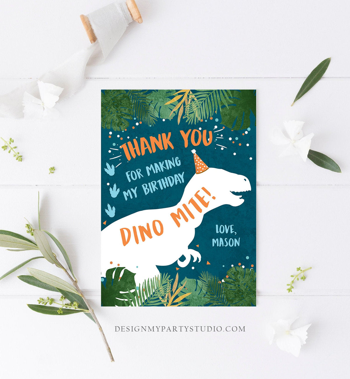 Editable Dinosaur Thank You Card Birthday Boy Black Navy Blue Gold Dino Party T-Rex Photo Download Printable Corjl Template Digital 0378