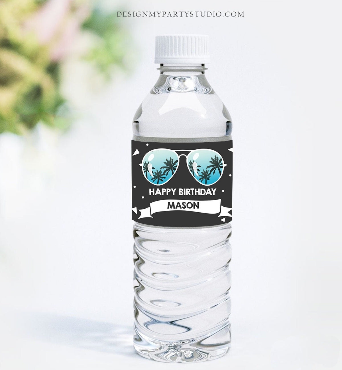 Editable Water Bottle Labels Sunglasses Two Cool Birthday Boy 2nd Birthday Summer I&#39;m This Many Palm Decor Printable Template Corjl 0136