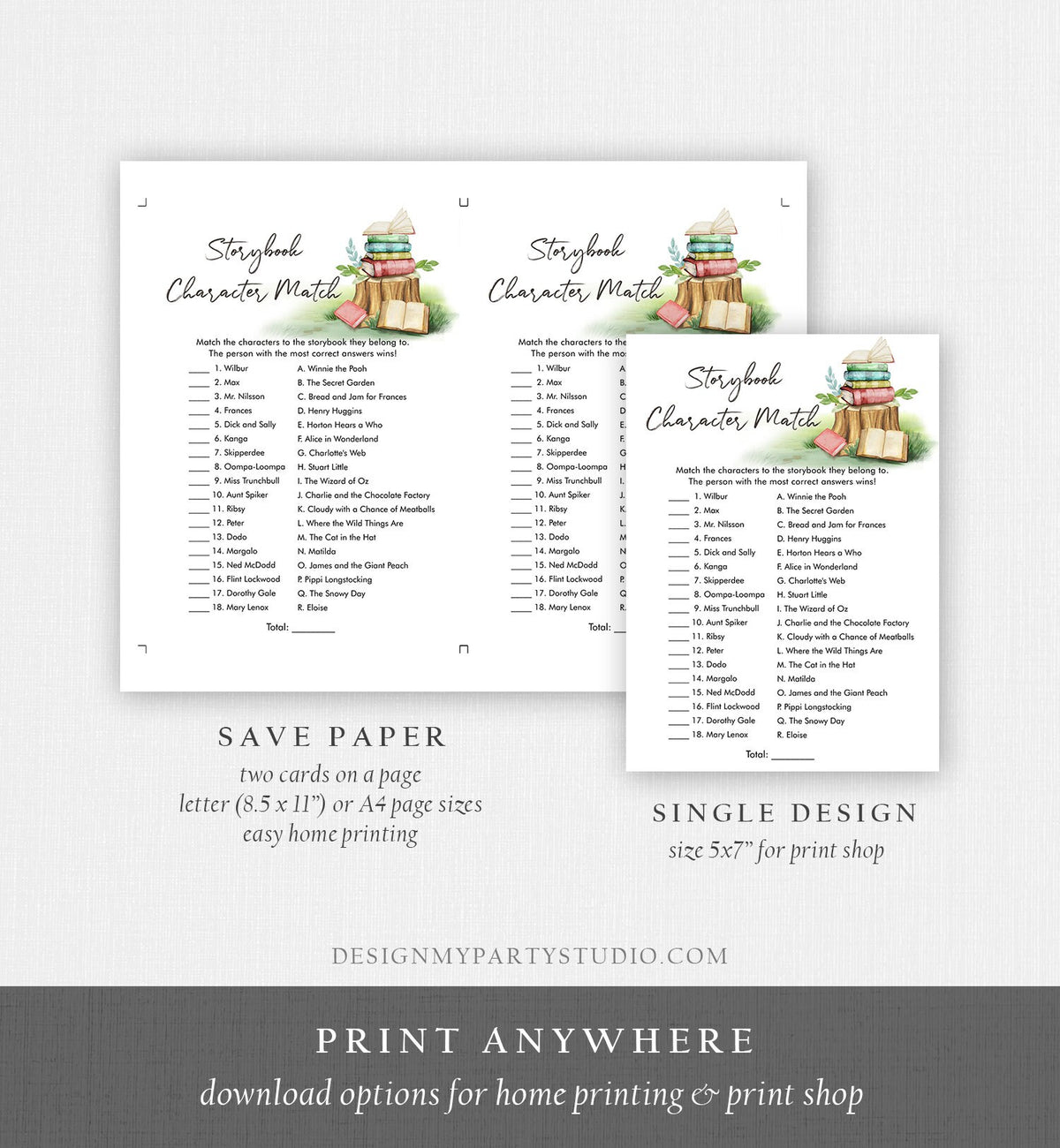 Editable Storybook Character Match Baby Shower Game Rustic Book Themed Baby Shower Chapter Gender Neutral Corjl Template Printable 0427