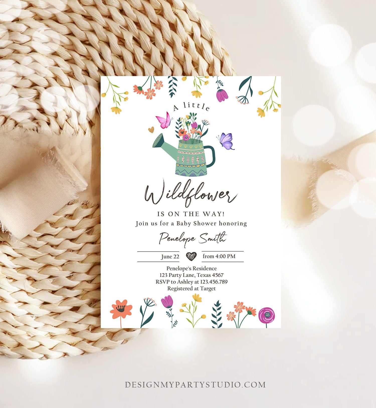 Editable Wildflower Baby Shower Invitation Boho Floral Spring Wildflowers Shower Butterfly Bohemian Download Corjl Template Printable 0396