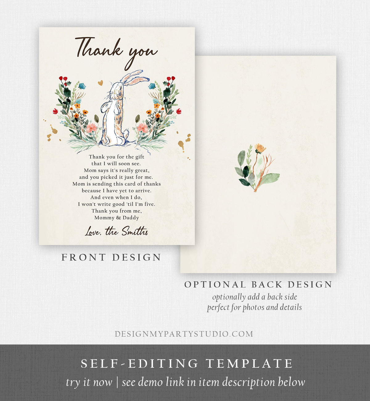 Editable The Velveteen Rabbit Baby Shower Thank You Card Rustic Spring Bunny Baby Shower Boho Digital Download Corjl Template Printable 0394