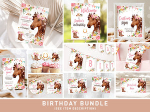 Horse Birthday Invitation Bundle Horse Party Invite Pony Birthday Saddle Up Floral Horse Girl 1st Birthday Printable Corjl Template 0408