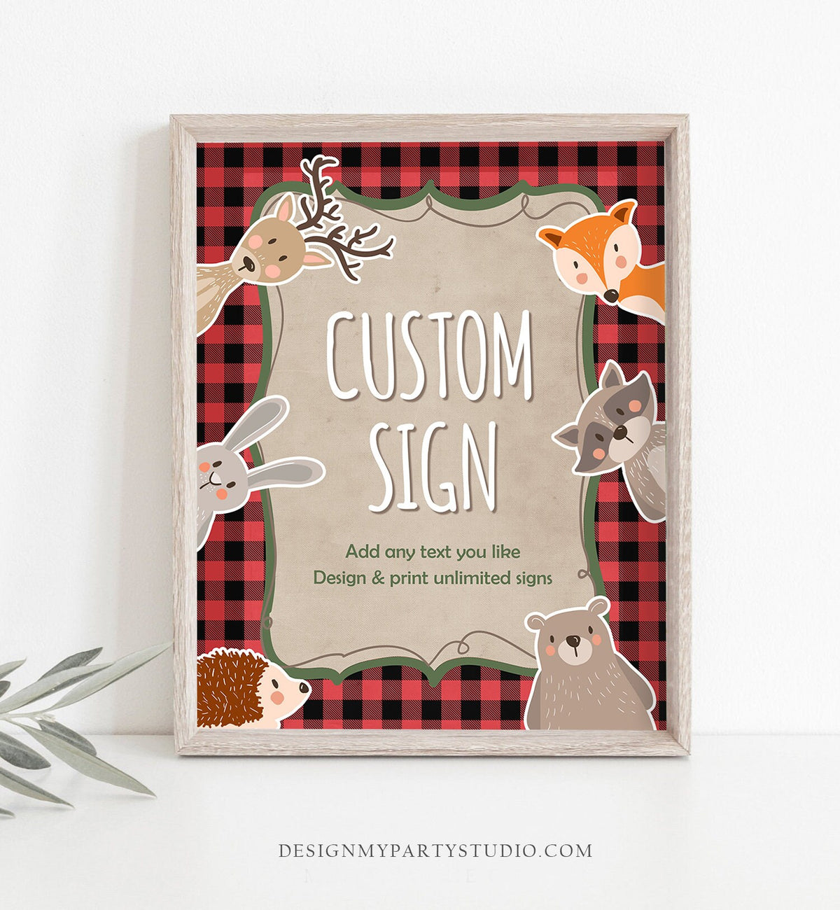 Editable Custom Sign Woodland Lumberjack Sign Birthday Party Animals Buffalo Plaid Adventure 8x10 Download Corjl Template PRINTABLE 0303
