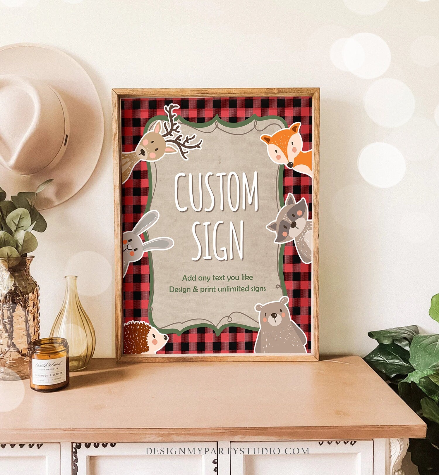 Editable Custom Sign Woodland Lumberjack Sign Birthday Party Animals Buffalo Plaid Adventure 8x10 Download Corjl Template PRINTABLE 0303