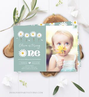 Editable Daisy Birthday Party Invitation First Birthday 1st One Party Bohemian Boy Girl Dusty Blue Download Corjl Template Printable 0410