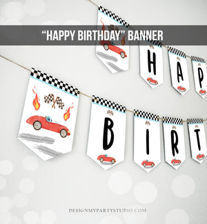 Happy Birthday Banner Race Car Banner Boy Race Car Birthday Decorations Two Fast 2 Curious Red Instant download PRINTABLE DIGITAL DIY 0424