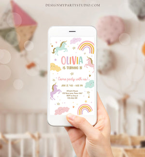 Editable Unicorn Birthday Evite Magical Party Invite Girl Pink Pastel First Digital Unicorn Party Template Rainbow Phone Download Corjl 0426