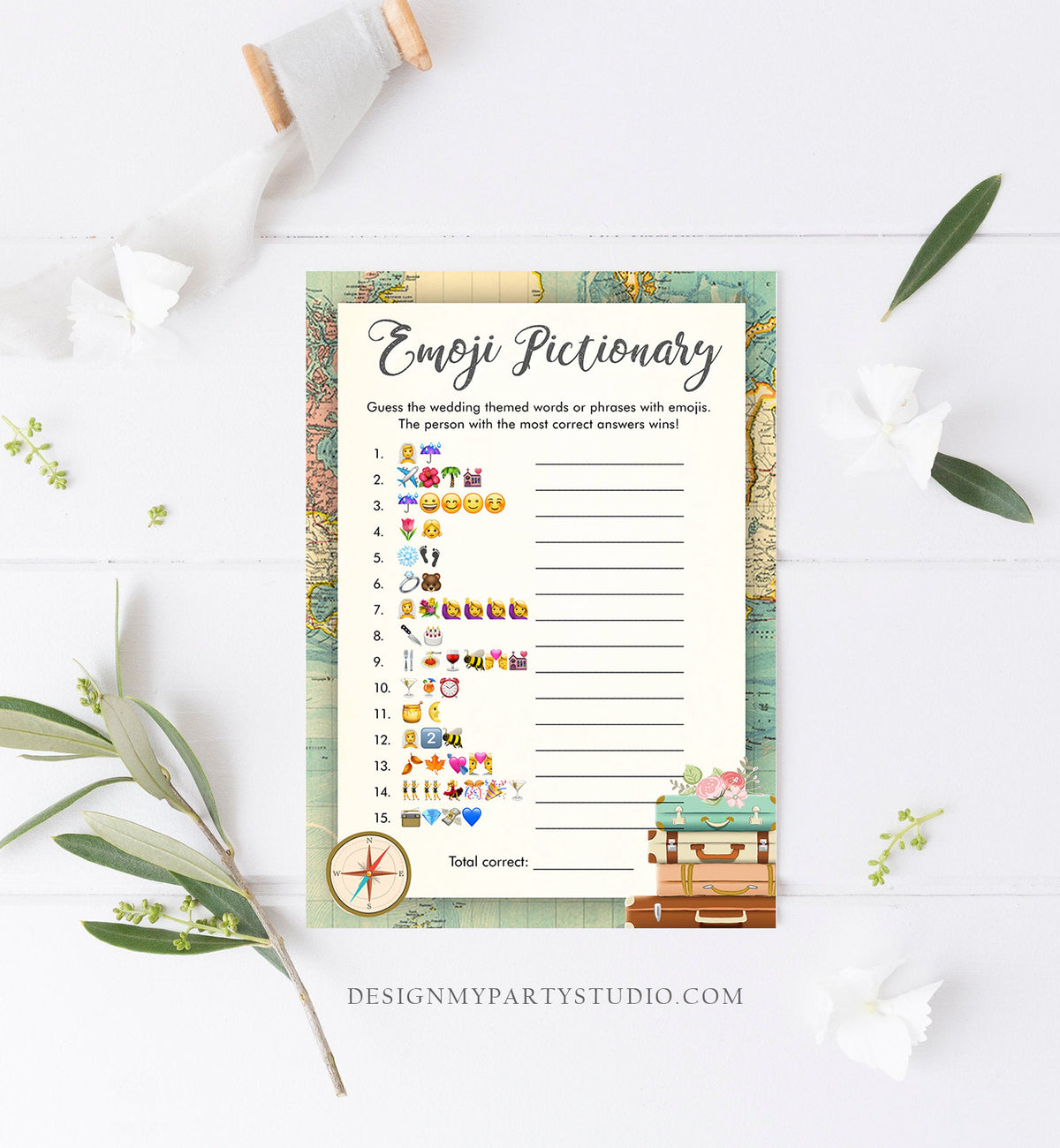 Editable Emoji Pictionary Bridal Shower Game Travel Adventure Emoticons Social Icons Wedding Activity Gold Corjl Template Printable 0044