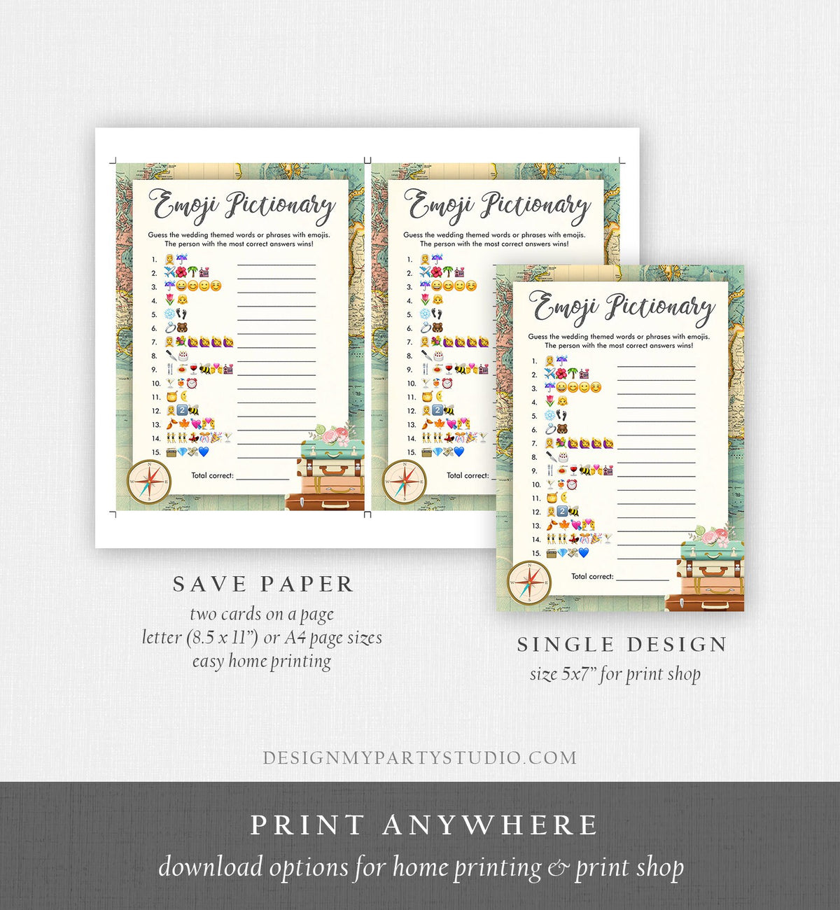 Editable Emoji Pictionary Bridal Shower Game Travel Adventure Emoticons Social Icons Wedding Activity Gold Corjl Template Printable 0044