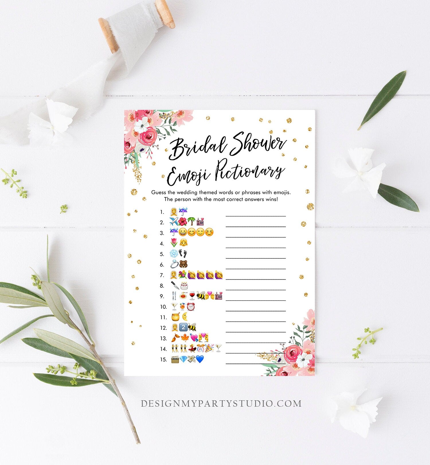 Editable Emoji Pictionary Bridal Shower Game Gold Pink Floral Emoticons Social Icons Wedding Activity Gold Corjl Template Printable 0030