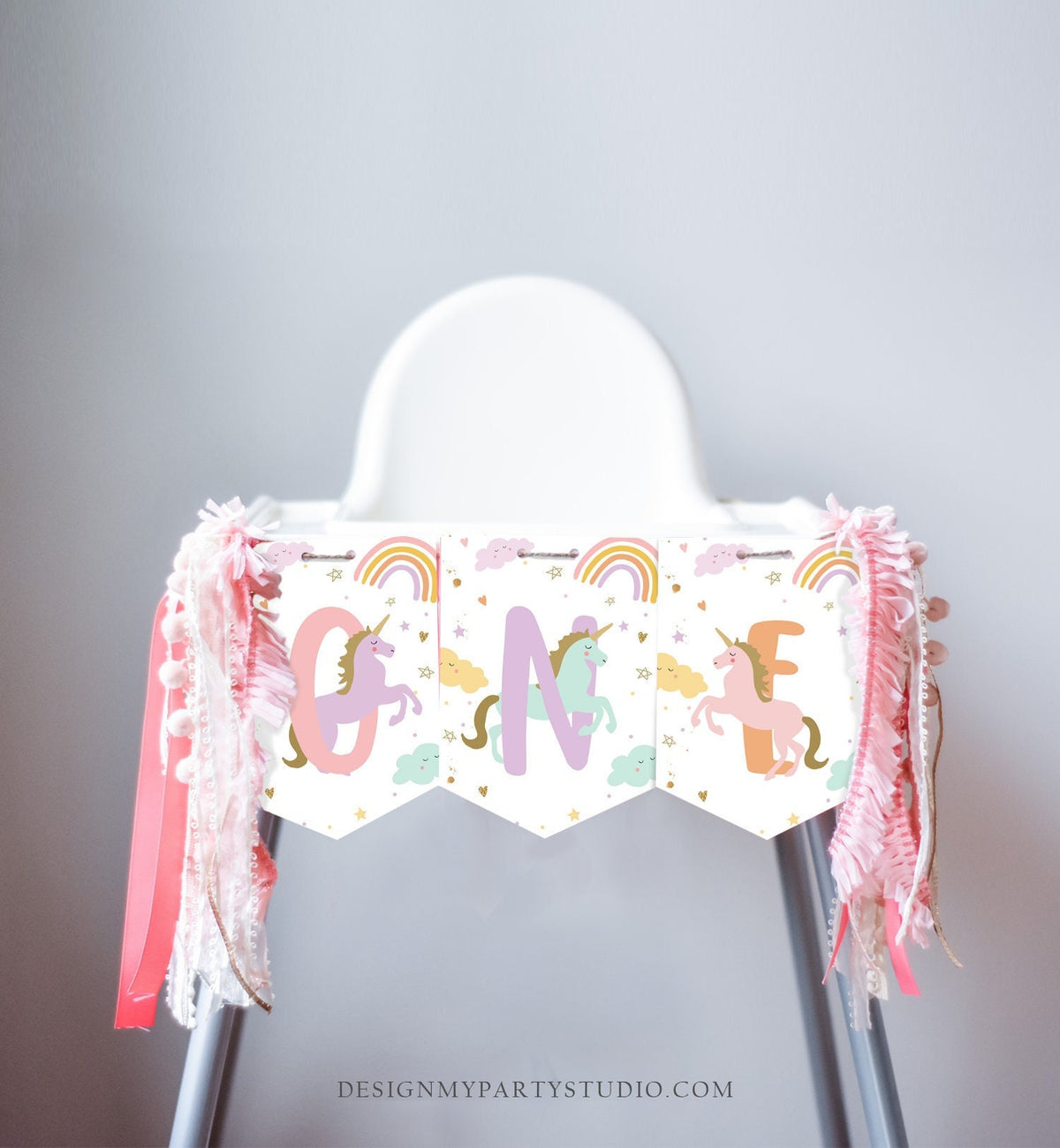 Unicorn High Chair Banner Magical Unicorn Girl 1st First Birthday Pink High Chair Decor ONE Pastel Rainbow Party PRINTABLE Digital 0426