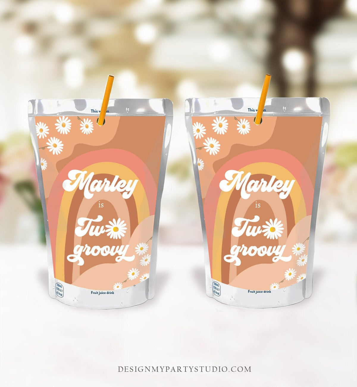 Editable Groovy Birthday Capri Sun Labels Juice Pouch Labels Floral Retro 70&#39;s Hippie Fesitval Vibes Download Corjl Template Printable 0428