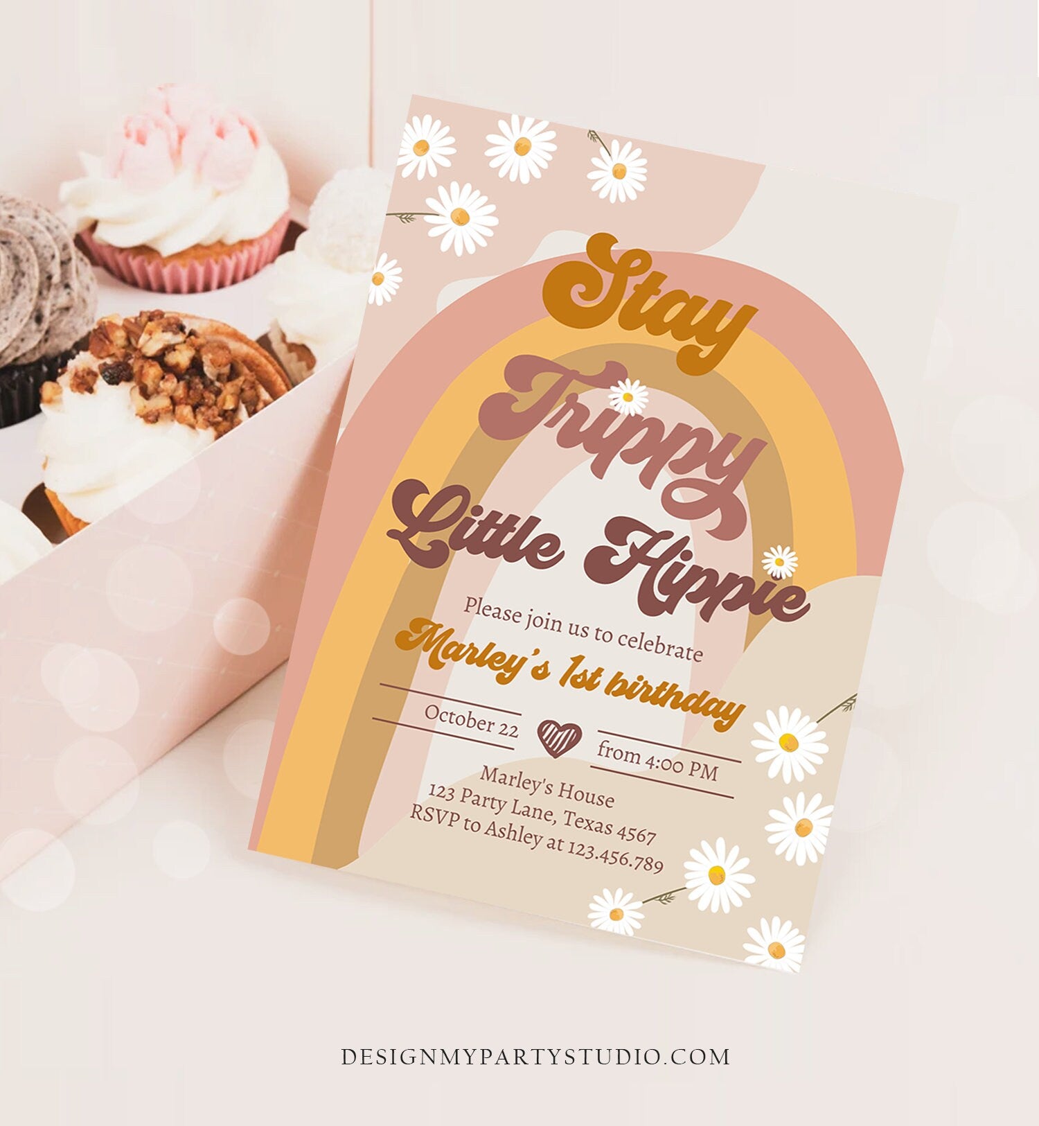 Editable Groovy Retro 1st Birthday Invitation First Birthday Retro Stay Trippy Little Hippie Download Printable Template Corjl Digital 0428