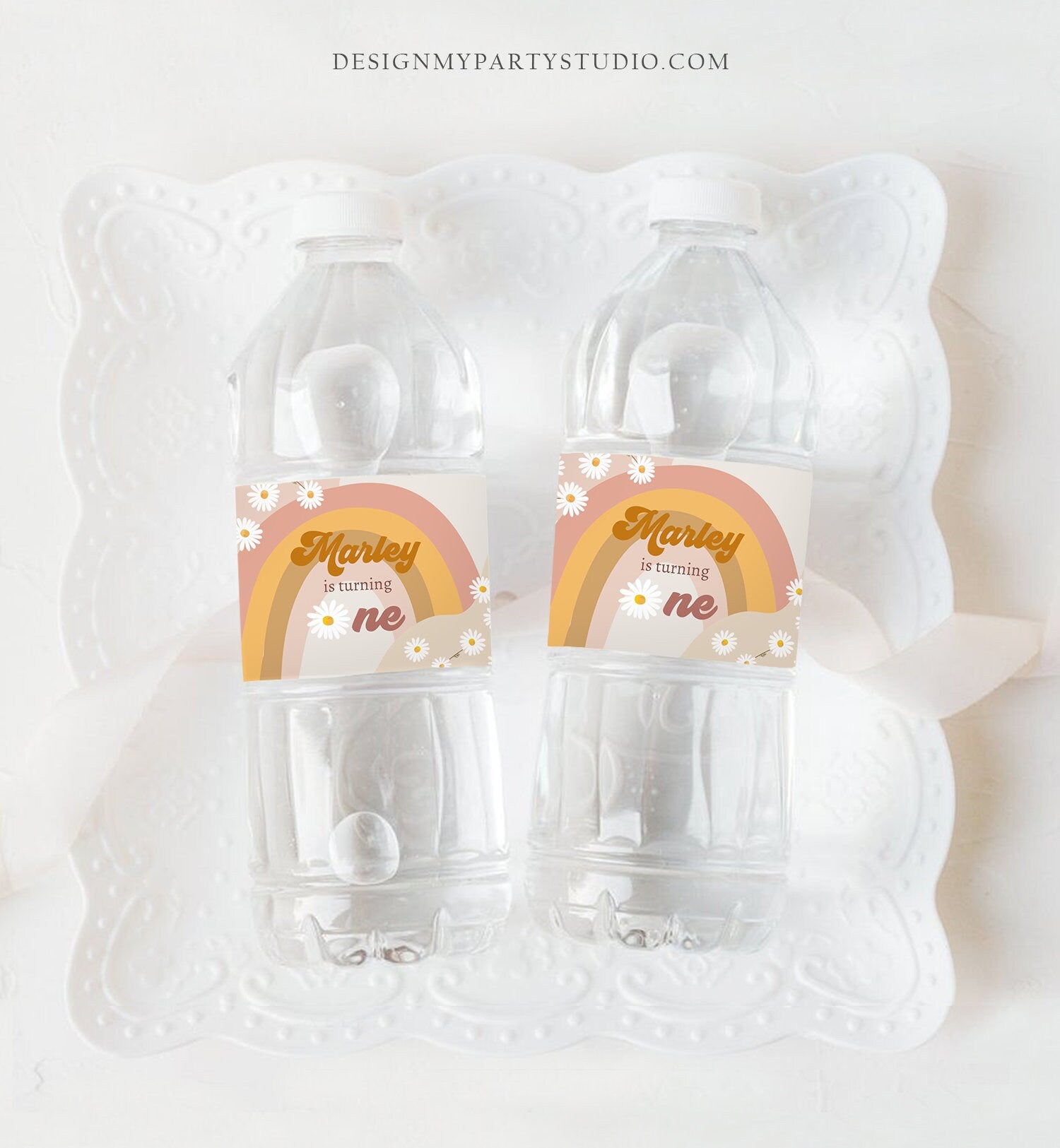 Editable Retro Daisy Water Bottle Labels 1st Birthday Hippie Party Decor Groovy 70s Floral One Printable Bottle Wrap Template Corjl 0428