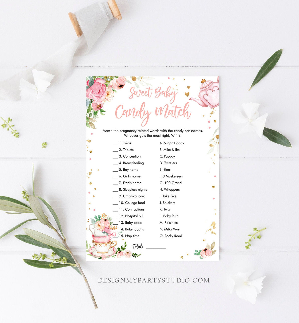 Editable Candy Match Baby Shower Game Sweet Baby Tea Party Baby is Brewing Game Pink Candy Bars Activity Corjl Template Printable 0349