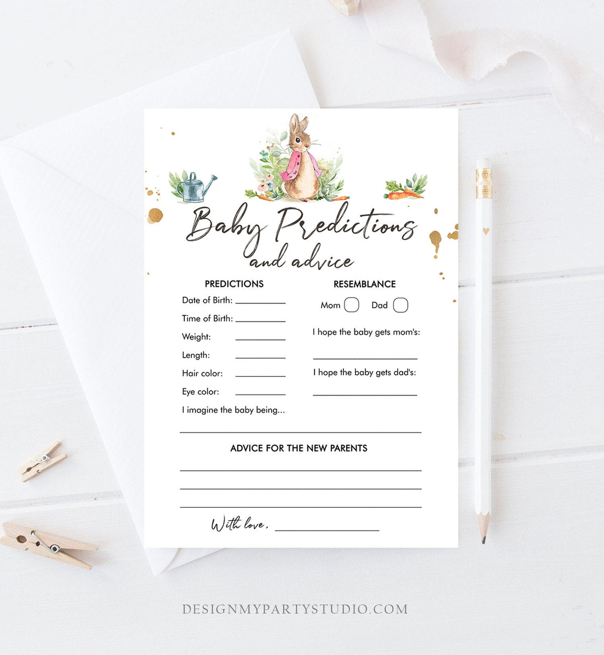Editable Baby Predictions Baby Shower Game Advice for Parents Peter Rabbit Game Shower Activity Flopsy Bunny Corjl Template Printable 0351