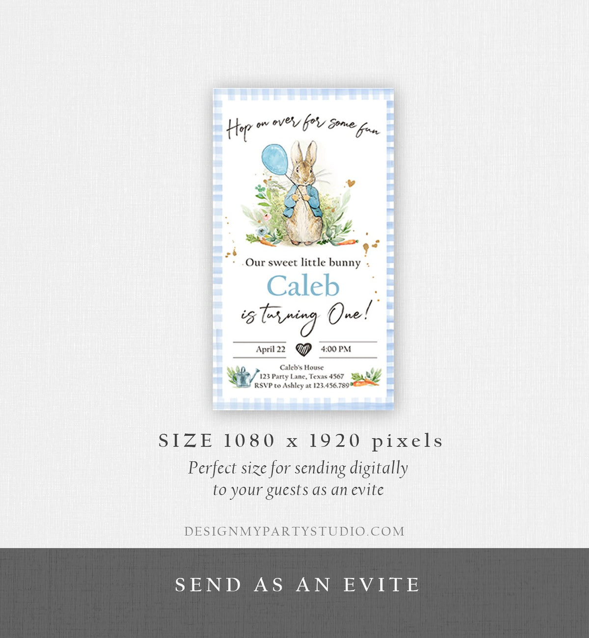 Editable Peter Rabbit Birthday Evite Electronic Boy Blue Rustic Peter Rabbit First Birthday Invitation Hop On Over Corjl Template Phone 0351