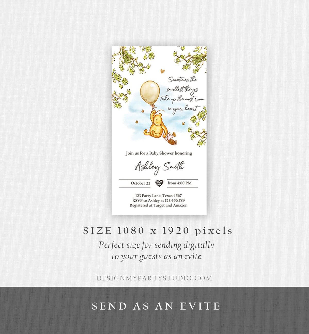 Editable Winnie The Pooh Baby Shower Evite Gender Neutral Classic Winnie The Pooh Invitation Phone Digital Electronic Corjl Template 0425