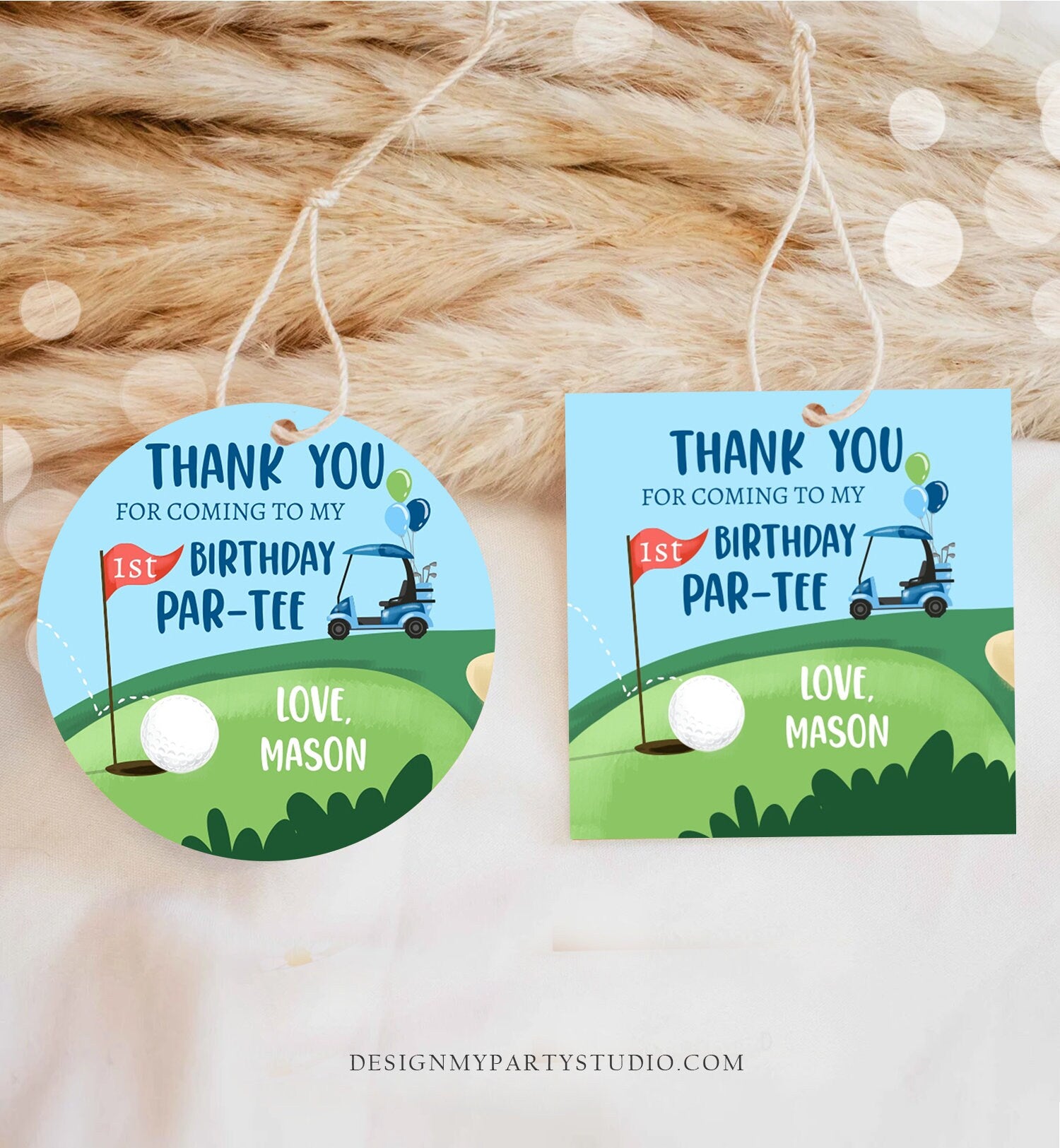 Editable Golf Favor Tags Golf Thank You Par-tee Stickers Golfing Birthday Hole in One 1st Birthday Boy Gift Tag Download Corjl Template 0405