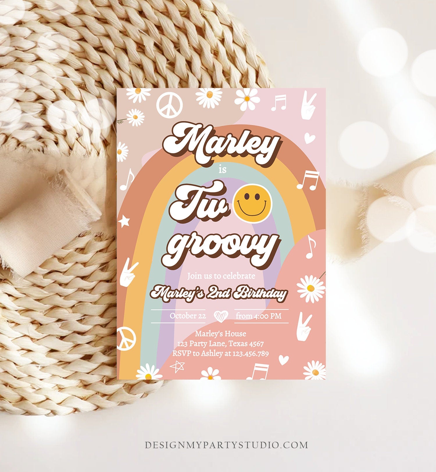 Editable Two Groovy Birthday Party Invitation 2nd Birthday Peace Love Party Flower Power 70s Hippie Printable Template Corjl Digital 0432