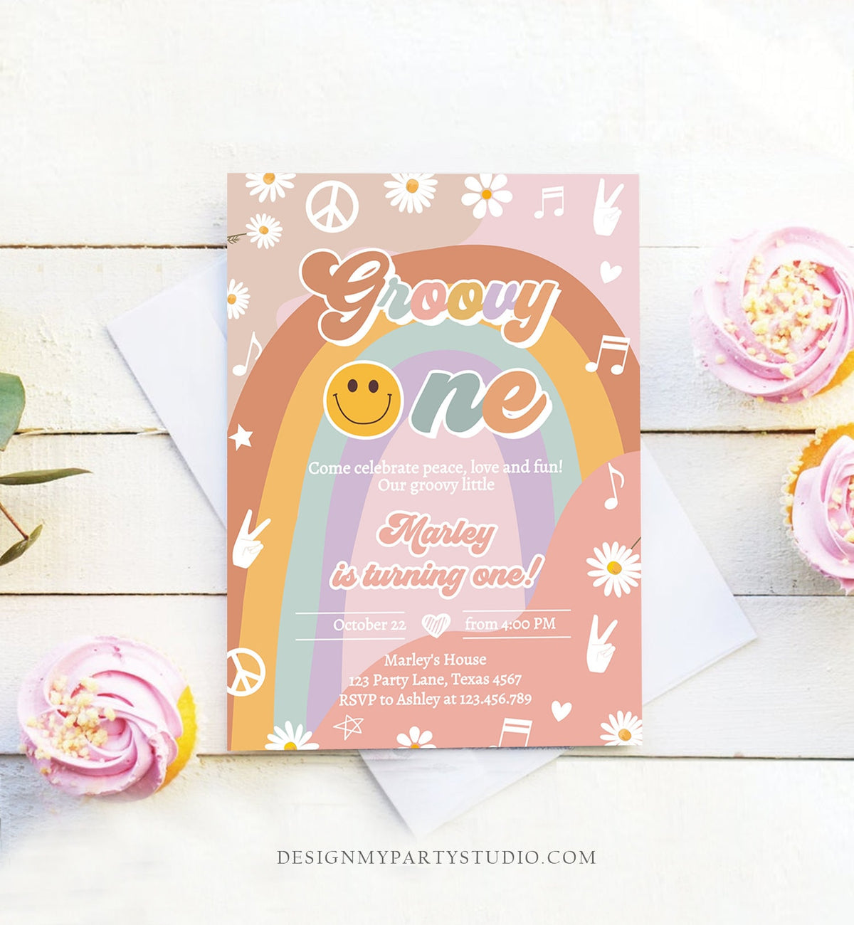 Editable Groovy One Retro 1st Birthday Invitation Peace Love Party Floral 70s Flower Power Festival Download Template Corjl Digital 0432