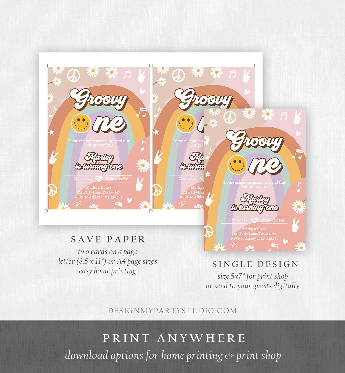 Editable Groovy One Retro 1st Birthday Invitation Peace Love Party Floral 70s Flower Power Festival Download Template Corjl Digital 0432