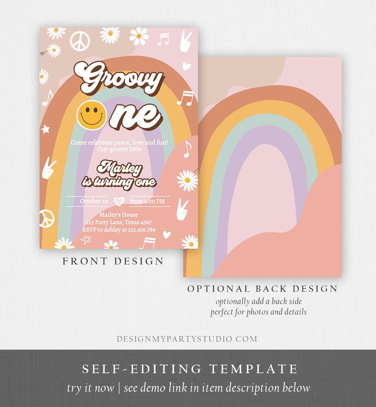 Editable Groovy One Retro 1st Birthday Invitation Peace Love Party Floral 70s Flower Power Festival Download Template Corjl Digital 0432