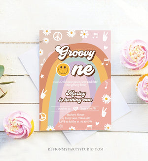 Editable Groovy One Retro 1st Birthday Invitation Peace Love Party Floral 70s Flower Power Festival Download Template Corjl Digital 0432