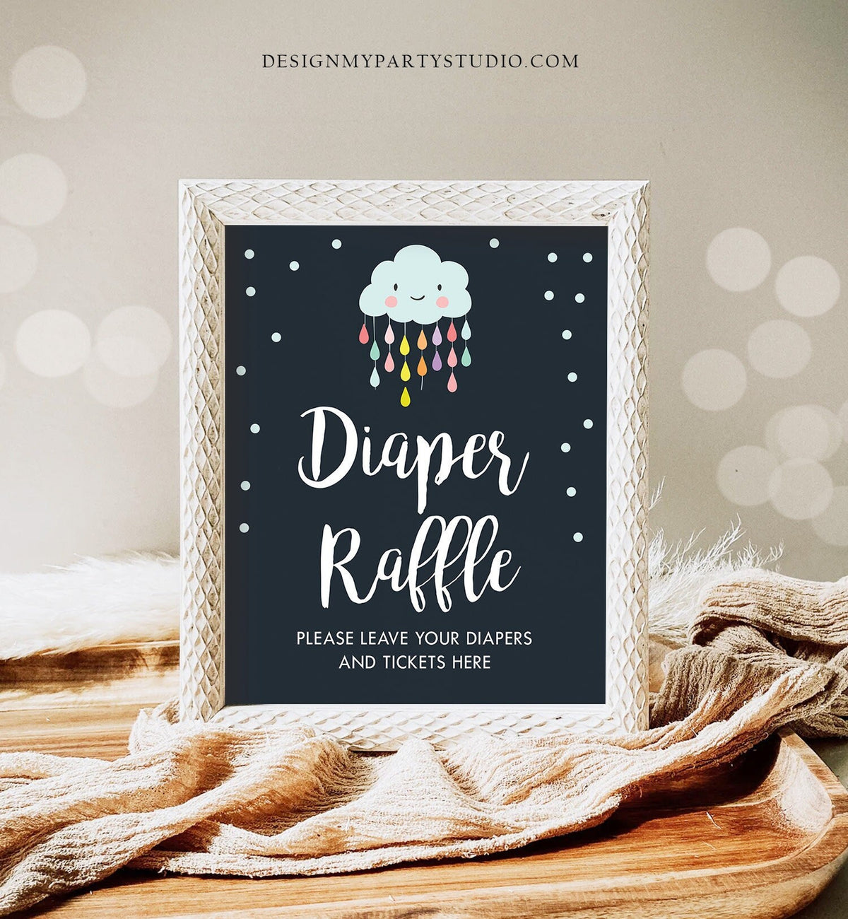 Diaper Raffle Sign Cloud Baby Shower Sign Rain Drops Cloud Table Sign Decor Sprinkle Navy Blue Boy Neutral Instant Download Printable 0036