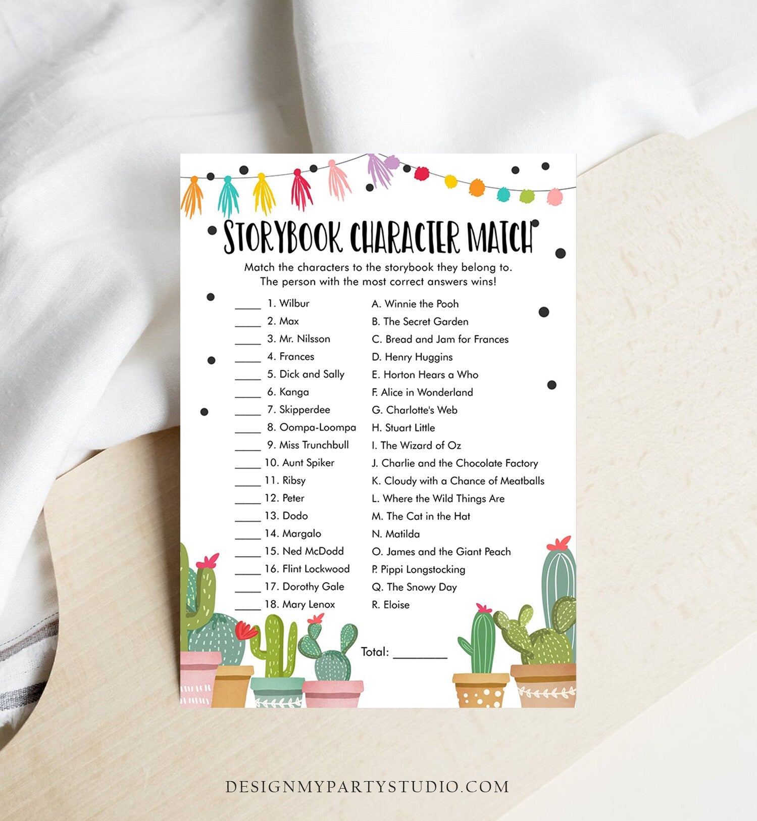 Editable Storybook Character Match Baby Shower Game Rustic Fiesta Baby Shower Cactus Mexican Succulent Corjl Template Printable 0254