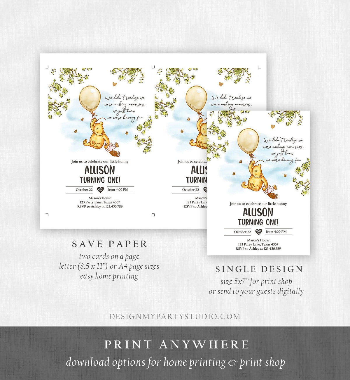 Editable Winnie The Pooh Invitation Gender Neutral Rustic Classic Winnie The Pooh 1st Birthday Invite Digital Corjl Template Printable 0425