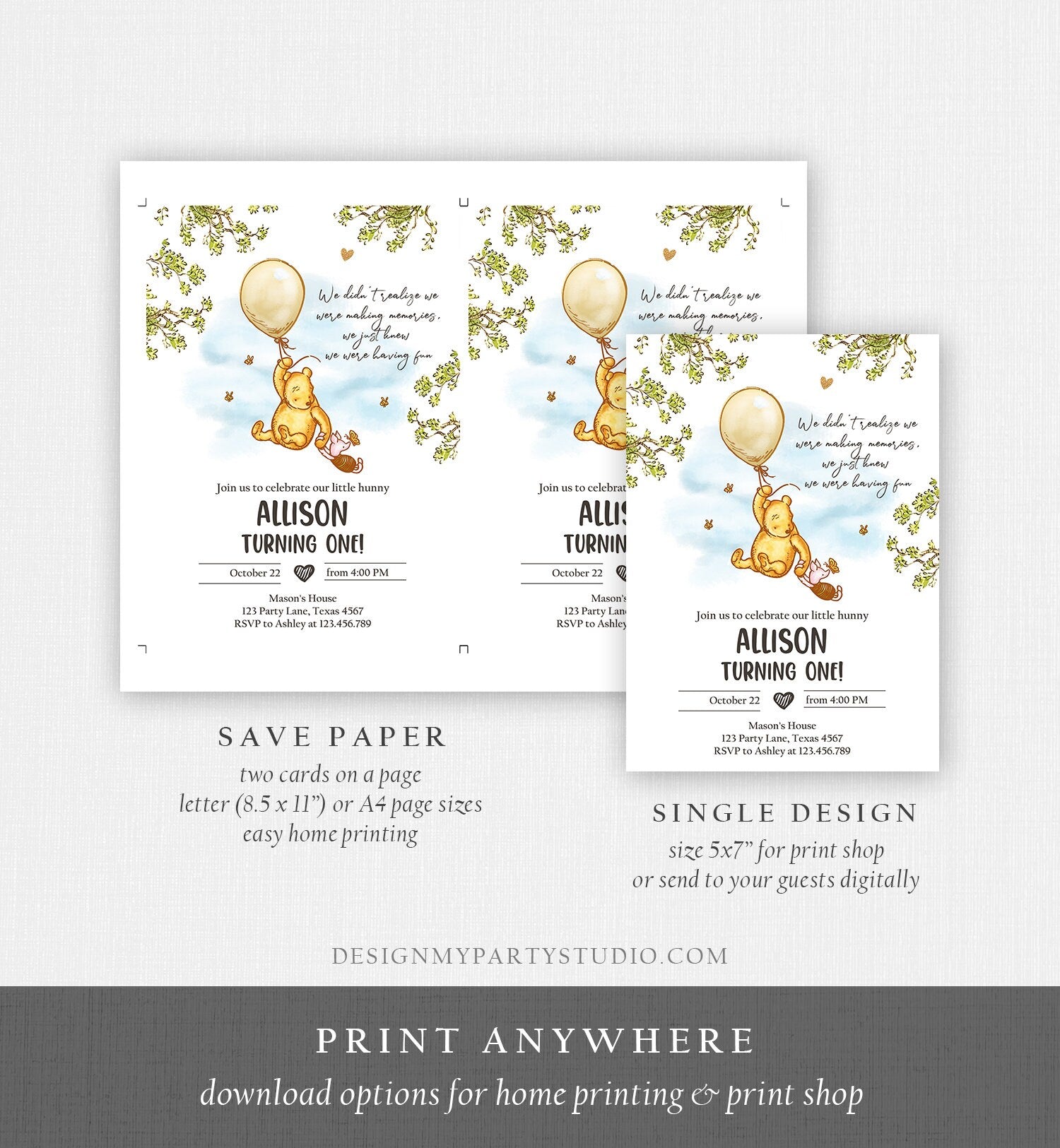 Editable Winnie The Pooh Invitation Gender Neutral Rustic Classic Winnie The Pooh 1st Birthday Invite Digital Corjl Template Printable 0425