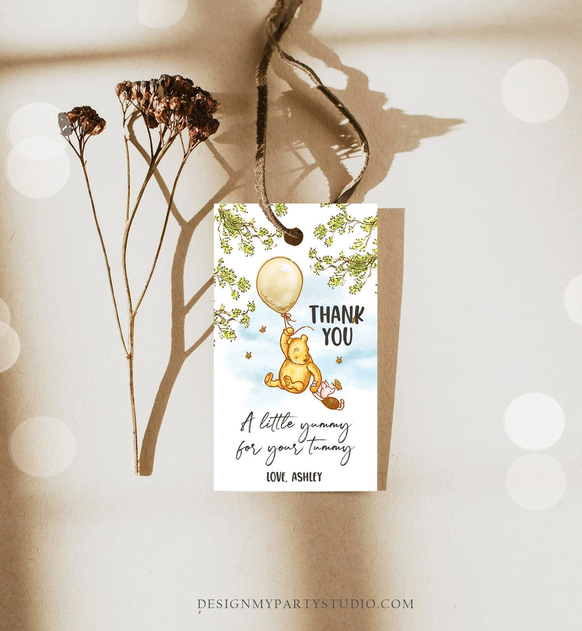 Editable Winnie The Pooh Favor Tags Pooh Baby Shower Thank you Tags Birthday Yummy for Your Tummy Printable Download Corjl Template 0425