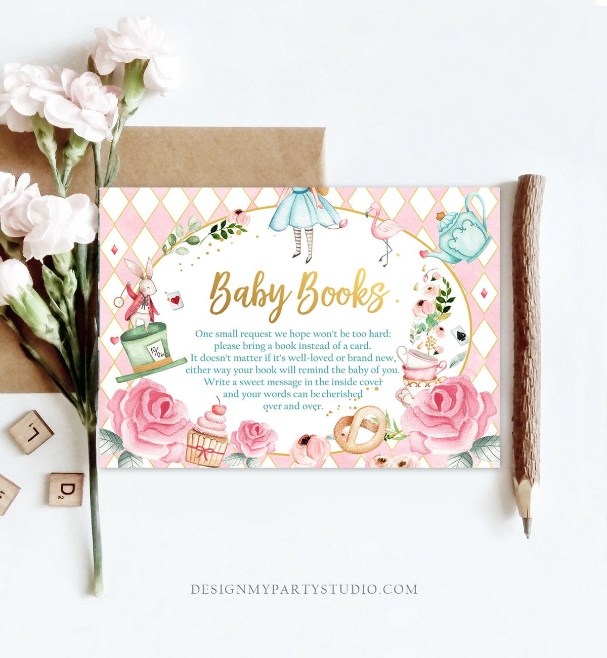 Editable Bring a Book Card Alice in Wonderland Baby Shower Mad Hatter Tea Party Books for Baby Book Request Corjl Template Printable 0350