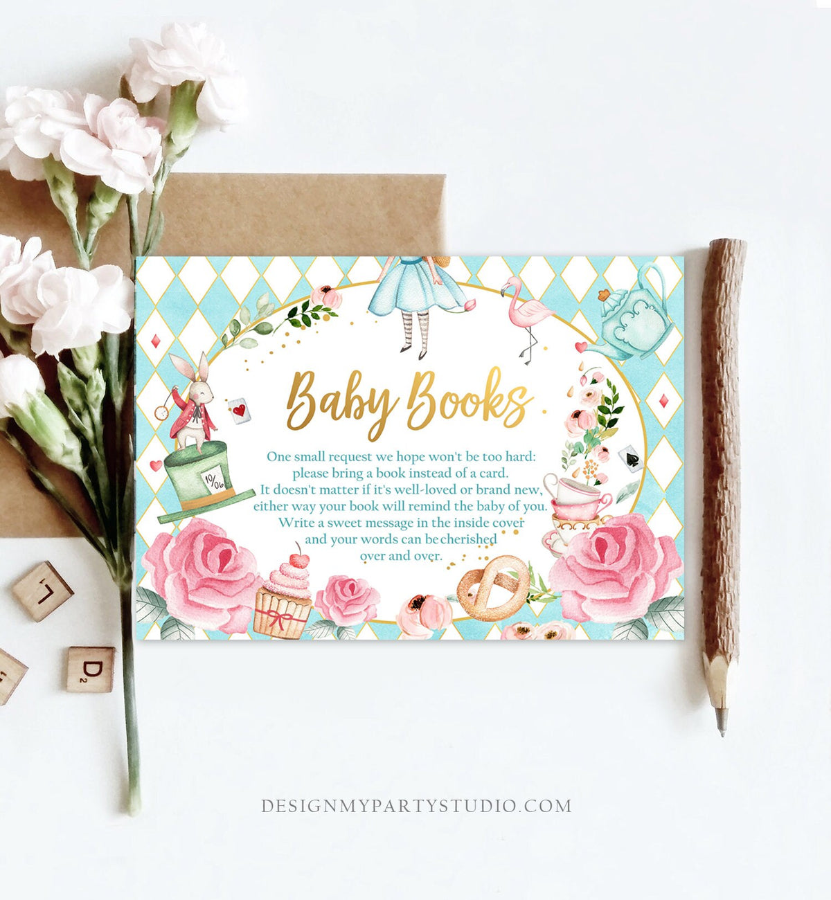 Editable Bring a Book Card Alice in Wonderland Baby Shower Mad Hatter Tea Party Books for Baby Book Request Corjl Template Printable 0350