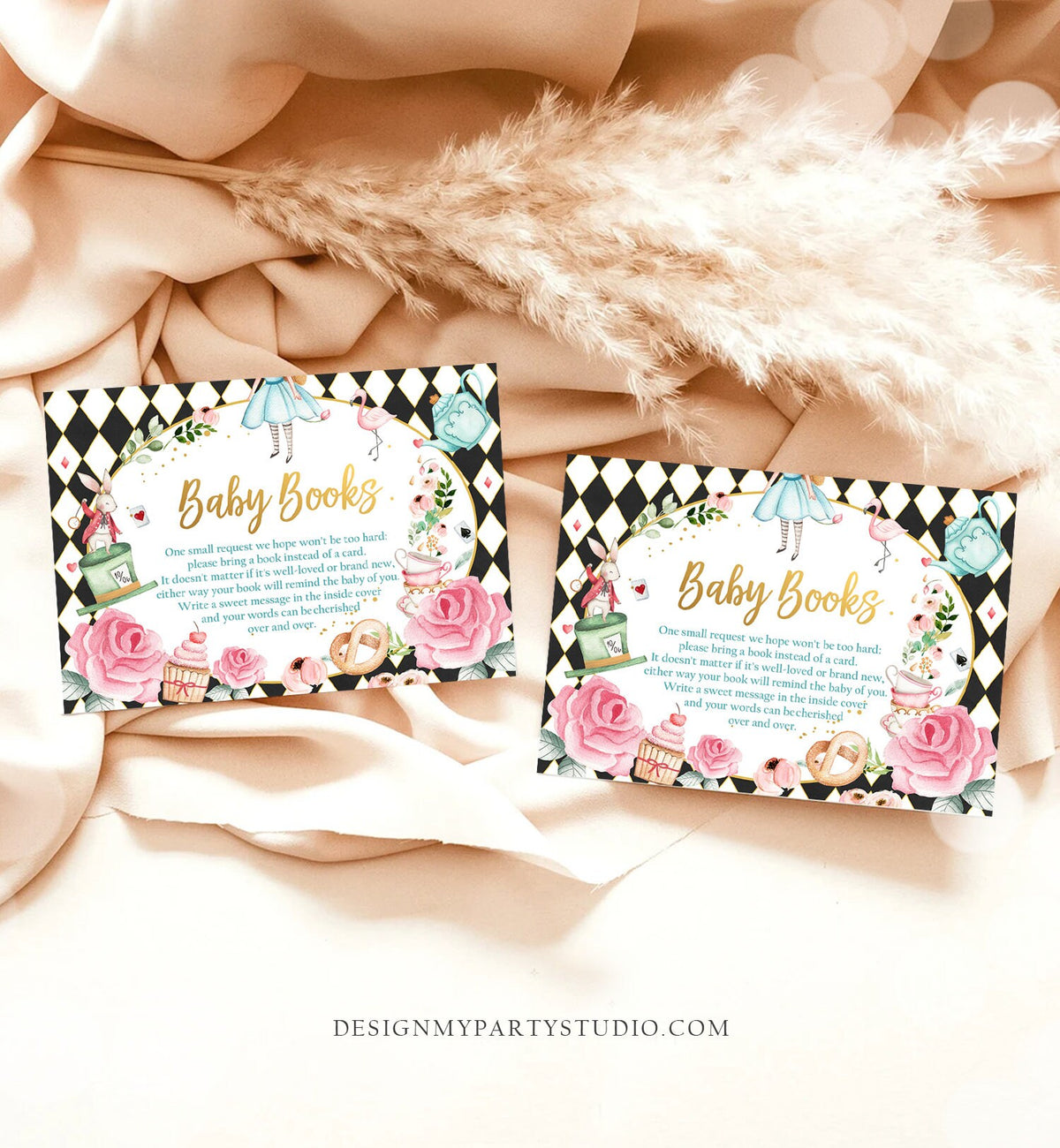 Editable Bring a Book Card Alice in Wonderland Baby Shower Mad Hatter Tea Party Books for Baby Book Request Corjl Template Printable 0350