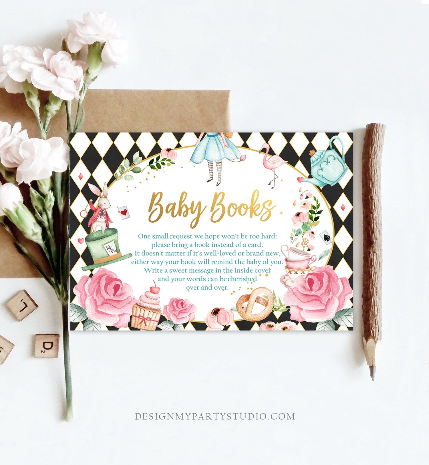 Editable Bring a Book Card Alice in Wonderland Baby Shower Mad Hatter Tea Party Books for Baby Book Request Corjl Template Printable 0350