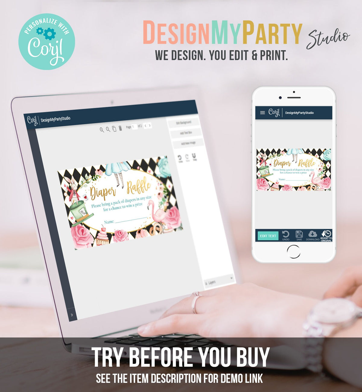 Editable Diaper Raffle Ticket Diaper Game Card Alice in Wonderland Baby Shower Insert Alice Shower Download Template Corjl PRINTABLE 0350