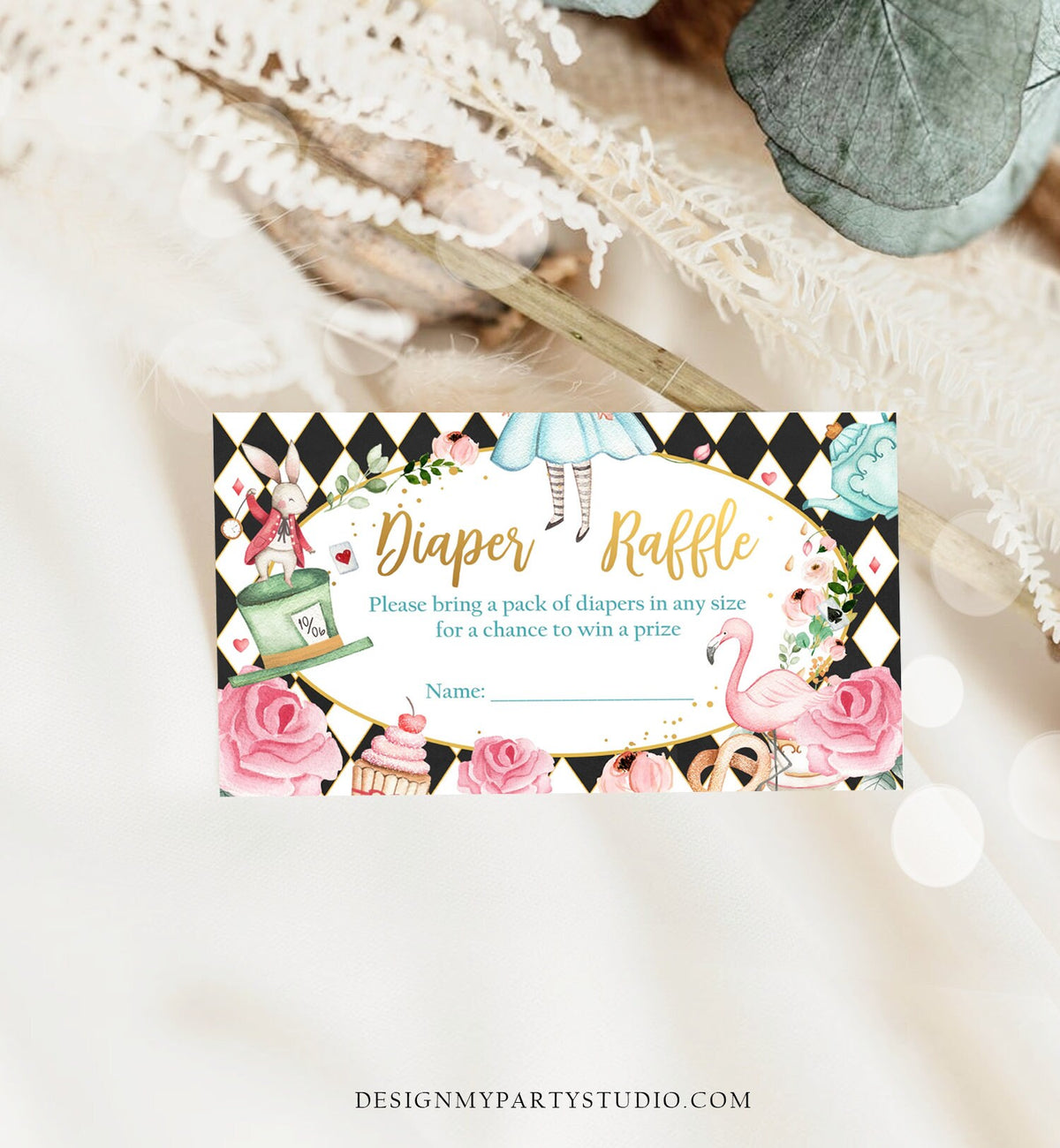 Editable Diaper Raffle Ticket Diaper Game Card Alice in Wonderland Baby Shower Insert Alice Shower Download Template Corjl PRINTABLE 0350
