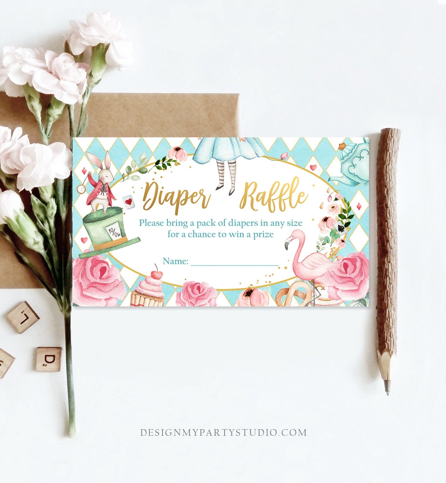 Editable Diaper Raffle Ticket Diaper Game Card Alice in Wonderland Baby Shower Insert Alice Shower Download Template Corjl PRINTABLE 0350