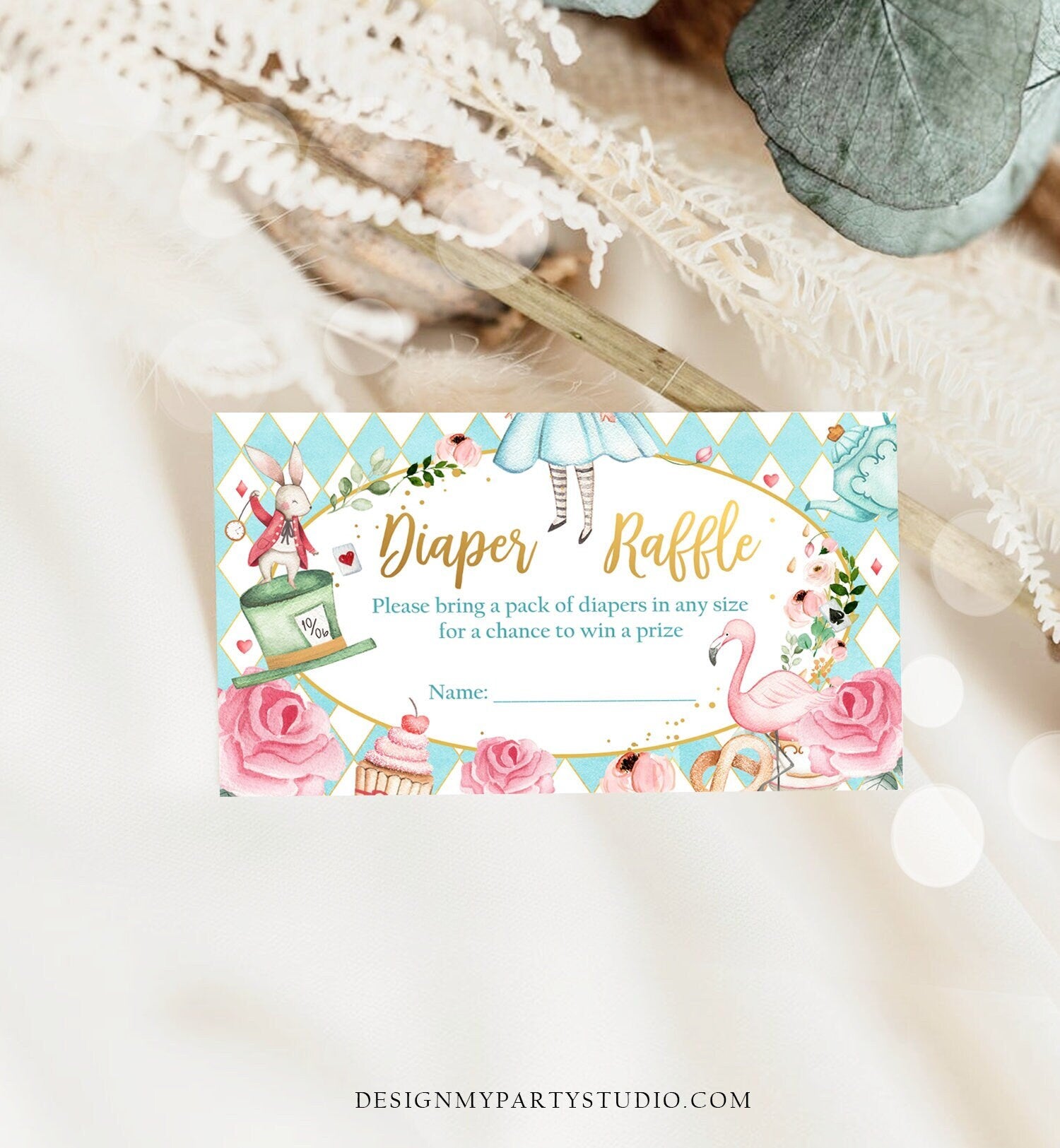 Diaper Raffle Infocard Editable Diaper Raffle Ticket Diaper Game Card Alice in Wonderland Bab ...