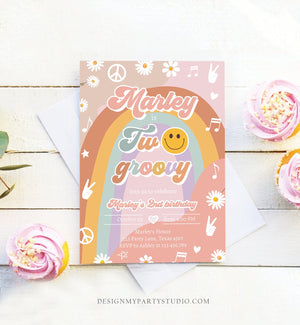 Editable Two Groovy Birthday Party Invitation 2nd Birthday Peace Love Party Flower Power 70s Hippie Printable Template Corjl Digital 0432