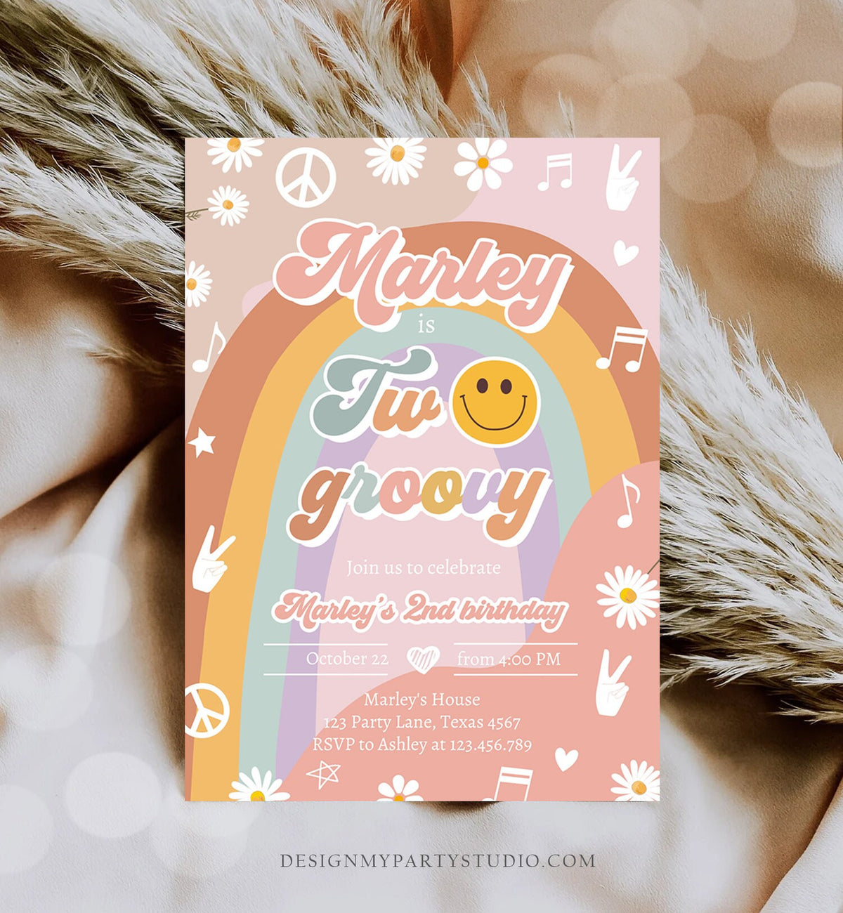 Editable Two Groovy Birthday Party Invitation 2nd Birthday Peace Love Party Flower Power 70s Hippie Printable Template Corjl Digital 0432